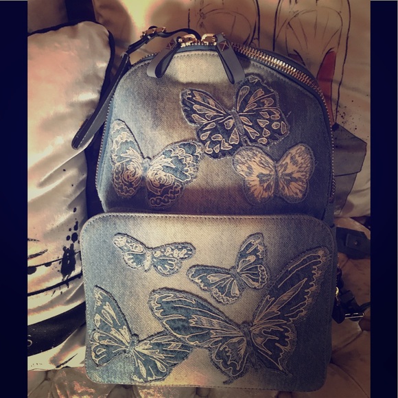 Valentino Blue Denim and Leather Butterfly Embroidered Backpack Valentino